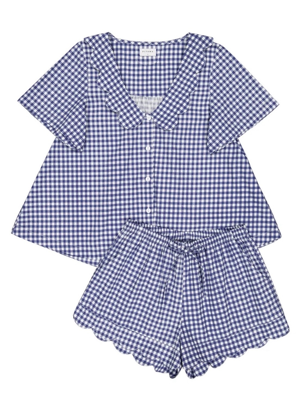 Piyama Penelope Pajama Set Navy Gingham Cotton Scallop S